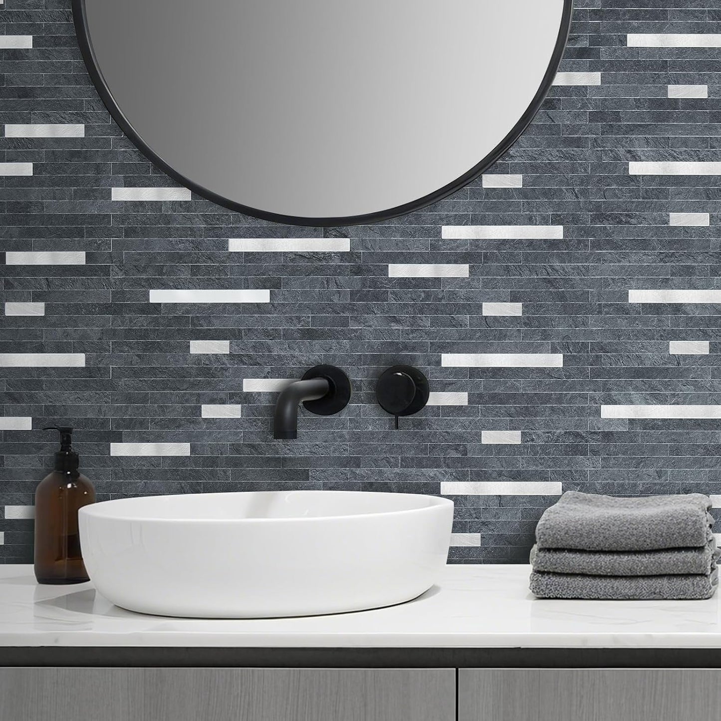 AULIGET 20 Sheets Peel and Stick Backsplash, Black & Grey Wood Look PVC Mixed Metal Stick on Backsplash Tiles for Kitchen