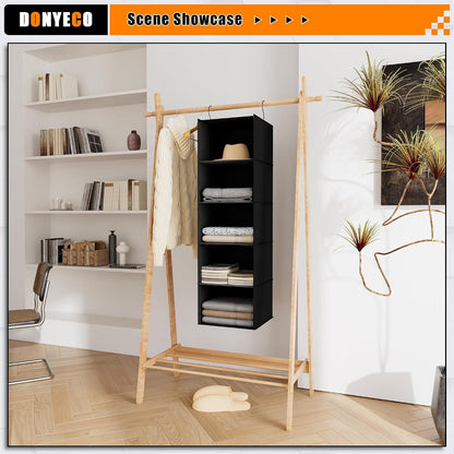 Hanging Closet Organizer 3-Shelf, Oxford Fabric Wardrobe Storage, Gray | Easy-mount foldable design holds clothes, handbags, shoes & accessories; washable Oxford fabric, sturdy and space-saving.