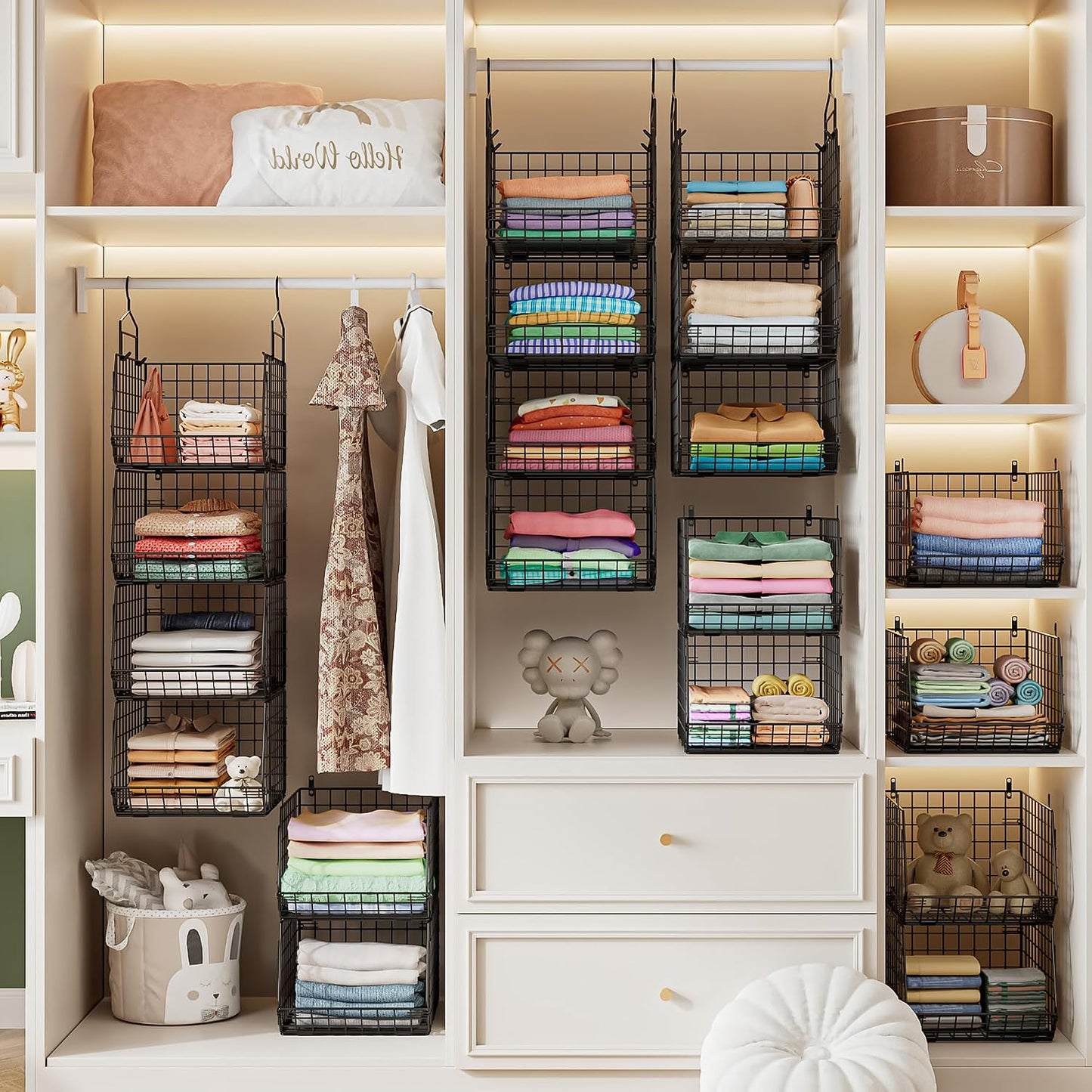 8-Tier Extended Depth Hanging Closet Organizers and Storage for Closet System, Stackable Closet Shelves with 4 Adjustable Dividers for Clothes Sweaters Purses, Wire Hanging Basket Fits Closet Laundry
