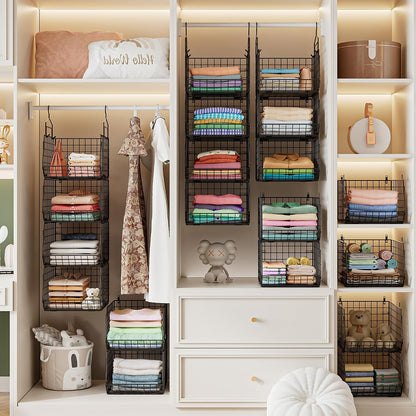 8-Tier Extended Depth Hanging Closet Organizers and Storage for Closet System, Stackable Closet Shelves with 4 Adjustable Dividers for Clothes Sweaters Purses, Wire Hanging Basket Fits Closet Laundry