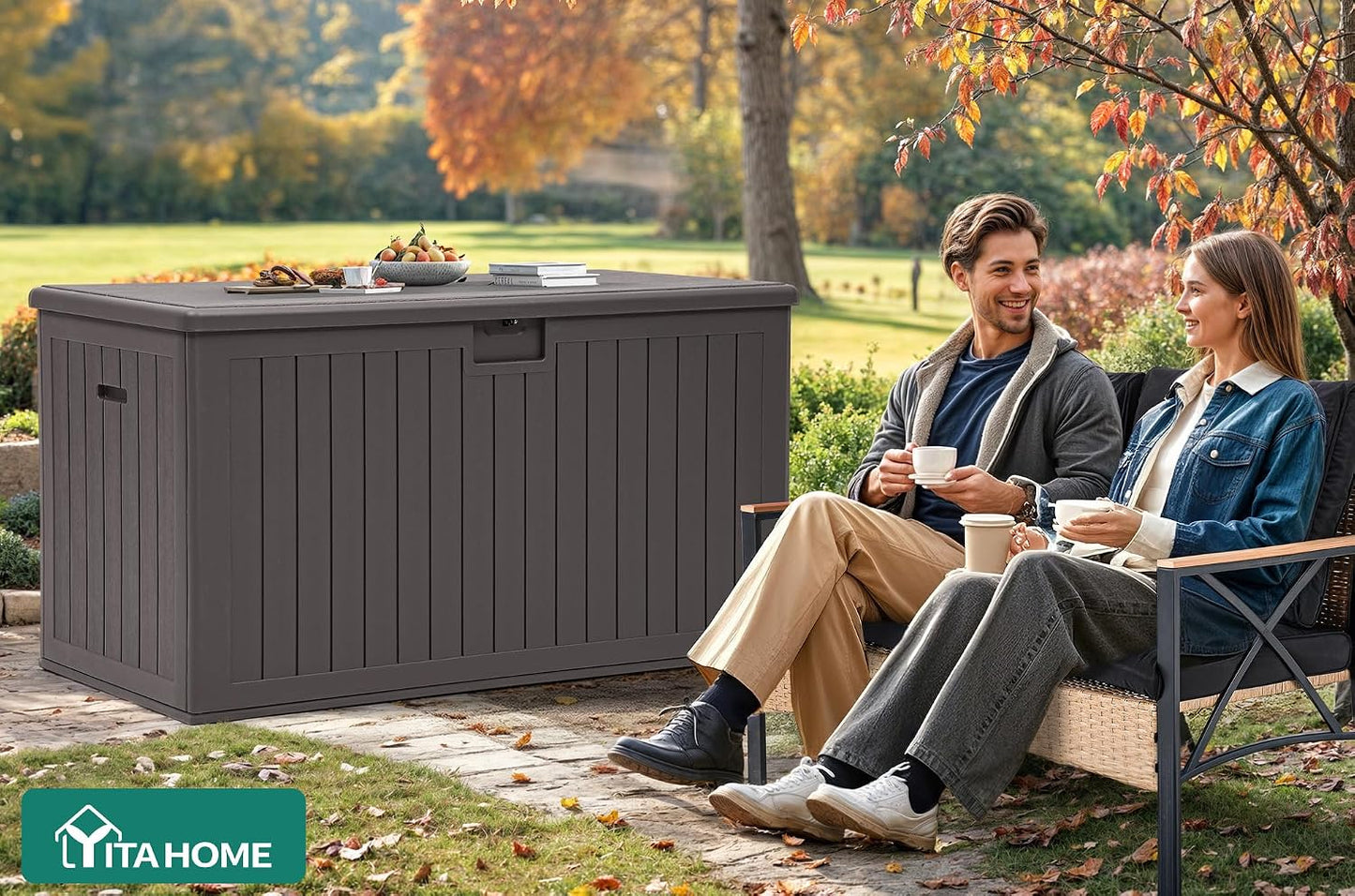 YITAHOME 100 Gallon Large Outdoor Deck Box | Waterproof Resin Storage Box, Lockable Indoor Outdoor Storage Container for Patio Furniture Cushions, Pool Accessories