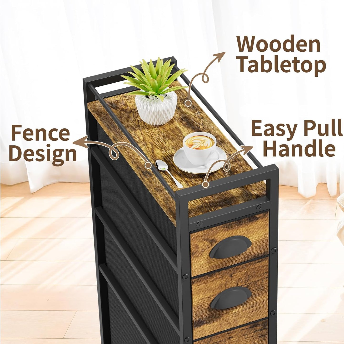 LASZOLA 5 Drawer Narrow Dresser Slim Cabinet Skinny Storage Tower Chest, Ideal for Small Spaces Bathroom, Between Washer and Dryer, Lightweight Mobile on Wheels, Sturdy Fabric Drawers, Black