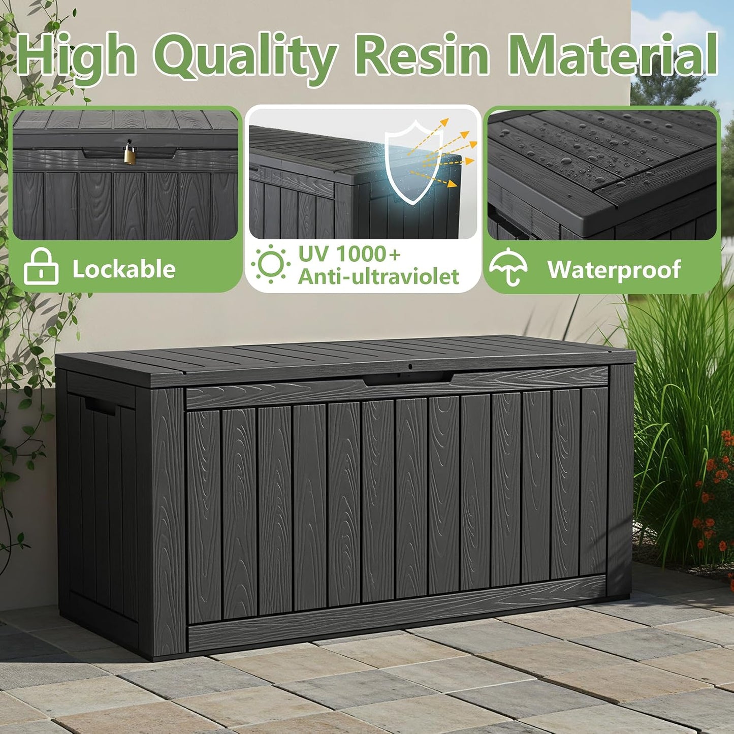 KAMABOKO 31 Gallon Outdoor Storage Box, Resin Deck Boxes Indoor and outdoor, Waterproof Storage Box Lockable Lid for Garden Tools, Package Delivery, Pool Supplies, Patio Cushions, Black