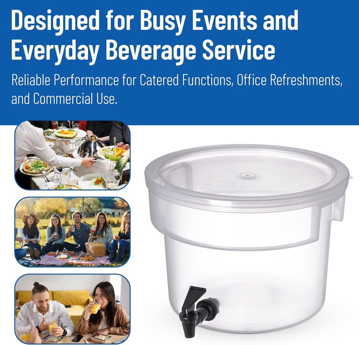 Carlisle FoodService Products Round Beverage Dispenser, Durable Drink Dispenser with Spigot and Sturdy Base for Catering, Events, and Parties, Plastic, 5 Gallons, Black