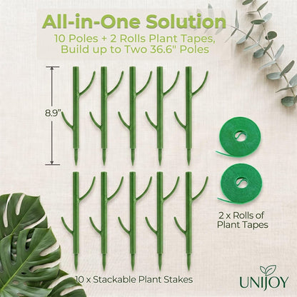 10-Piece Thick Plant Support Stakes: Stackable for Monstera Climbing Vines | 36.6" heavy-duty modular poles - 0.47" thick stops vine leaning - Rot-proof plastic blends invisibly - Includes tape