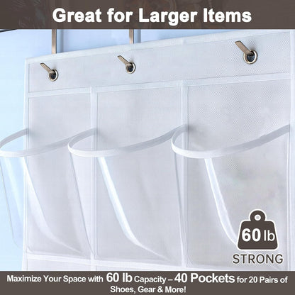 40 Pockets Over the Door Shoe Organizer – Waterproof Hanging Shoe Holder for Closet & Bathroom – Space-Saving Clear PVC Door Shoe Rack for Shoes, Toys, Toiletries & Snacks (White)