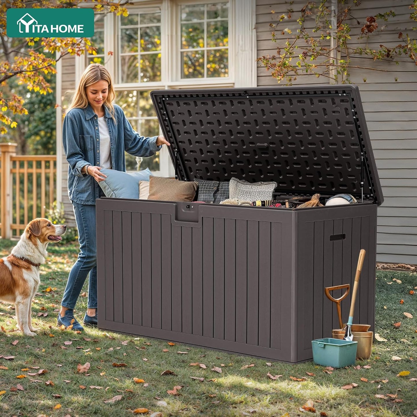 YITAHOME 100 Gallon Large Outdoor Deck Box | Waterproof Resin Storage Box, Lockable Indoor Outdoor Storage Container for Patio Furniture Cushions, Pool Accessories