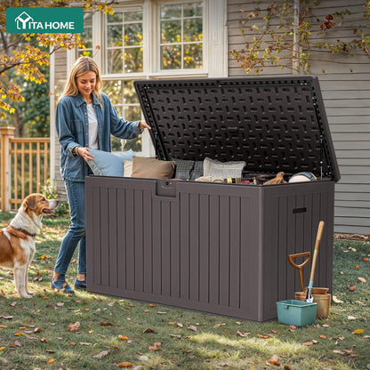 YITAHOME 100 Gallon Large Outdoor Deck Box | Waterproof Resin Storage Box, Lockable Indoor Outdoor Storage Container for Patio Furniture Cushions, Pool Accessories