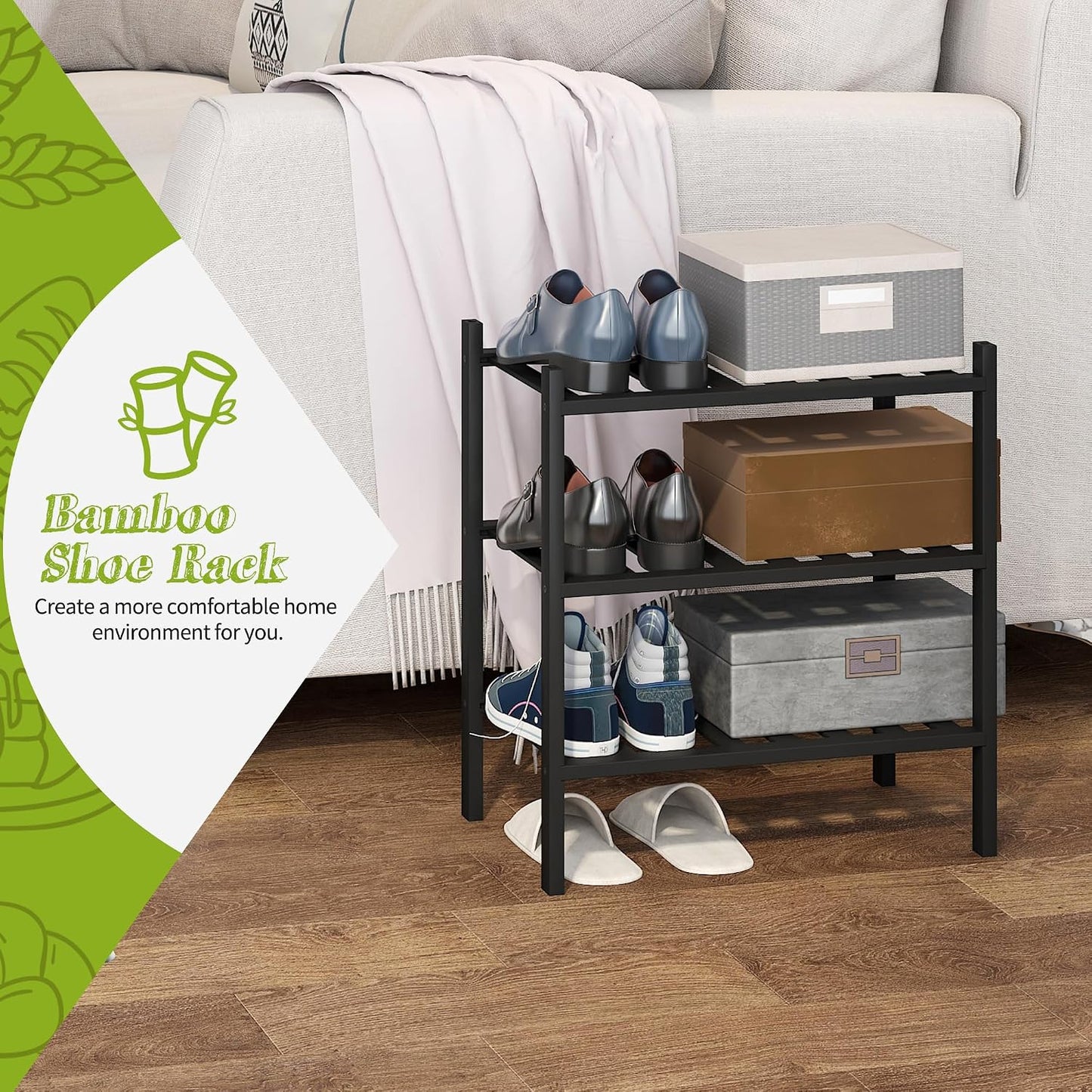 BMOSU 2-Tier Bamboo Small Shoe Rack Premium Stackable Shoe Shelf Storage Organizer for Hallway Closet Living Room Entryway Organizer (Black Bamboo)