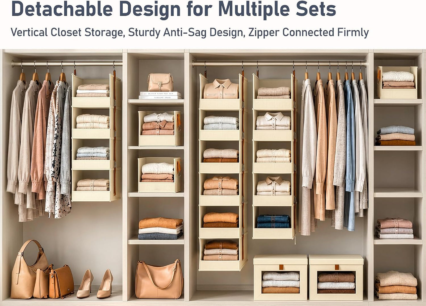DIMJ Hanging Closet Organizer - 4 Tier Collapsible Hanging Shelves with Hooks Zipper, Fabric Clothes Organizer, Space-Saving Storage Bin Basket for RV, Bedroom, Laundry Organization