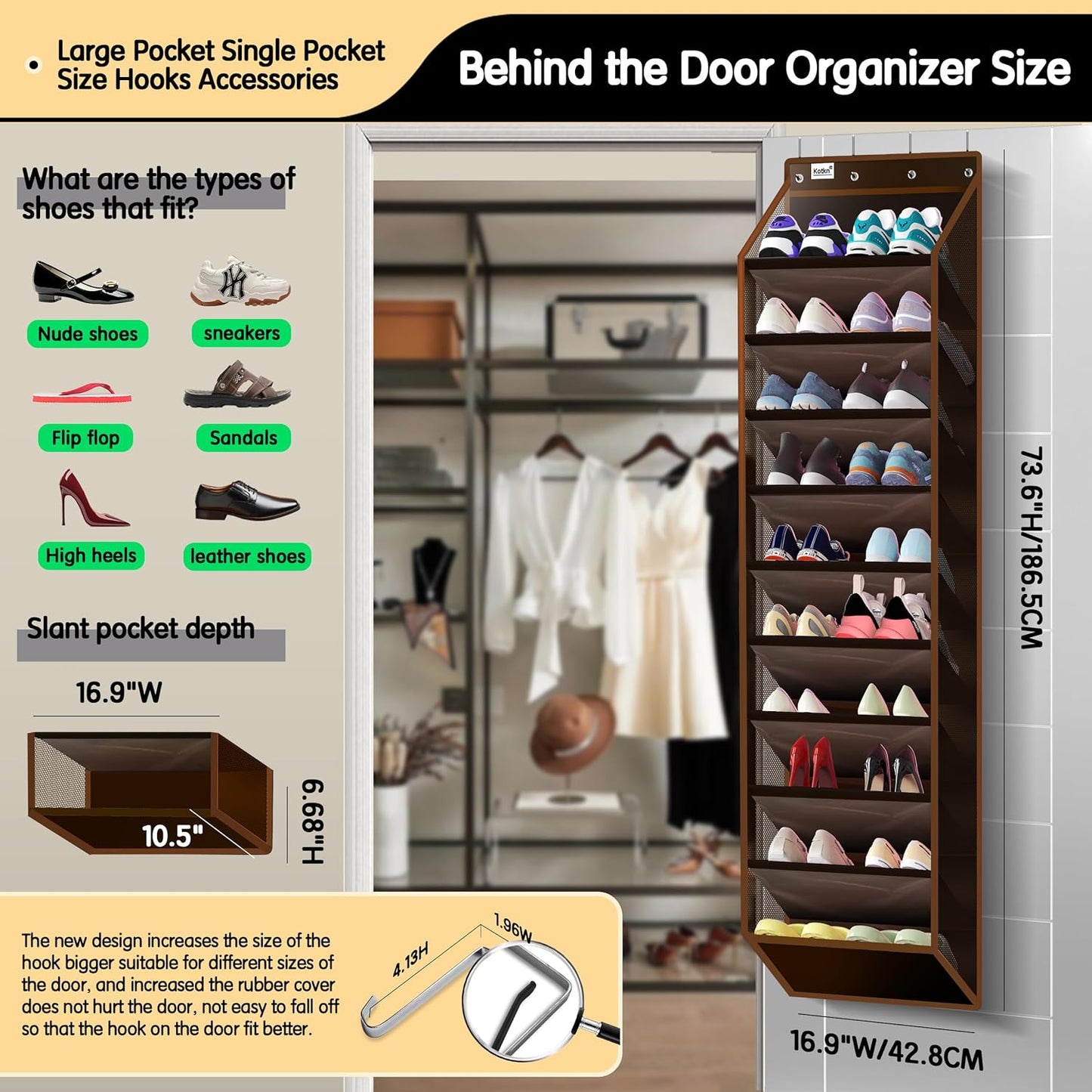 Kotkn 35 Compartment Over The Door Storage - Breathable Mesh Hanging Organizer with Large Pockets, Space Saving Design for Men & Women's Footwear, Closet, Bedroom （White）