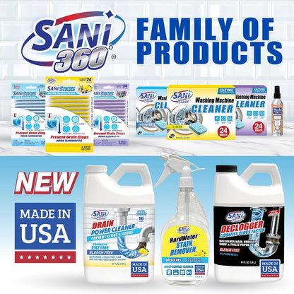 Sani 360 Drain Power Cleaner, Enzyme Probiotic Odor remover, Drain and Garbage Disposal Cleaner, Flush Away Grease, Soap Scum, Lemon scent Septic safe. Save Money on Plumbing, 16 uses, Made in the USA