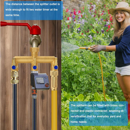 Brass Garden Hose Splitter 2-Way Heavy Duty - 3/4" GHT Threads with 2×304 Stainless Steel Handles, High Flow Design for Efficient Water Distribution