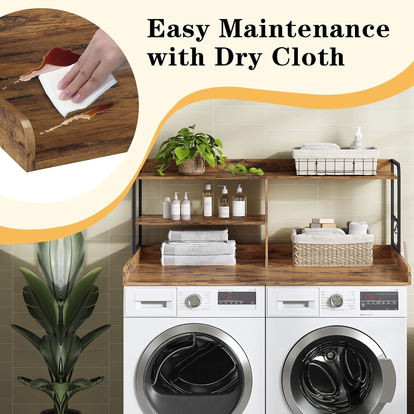 HavenlyYouth Washer and Dryer Countertop with Shelves, 54" x 27.56" 3 Tiers Large Laundry Topper with 2.95" Edge Rails, Laundry Room Storage and Organization with 2 Hooks and Non-Slip Pads