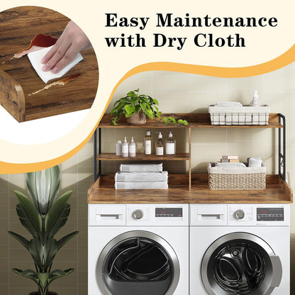HavenlyYouth Washer and Dryer Countertop with Shelves, 54" x 27.56" 3 Tiers Large Laundry Topper with 2.95" Edge Rails, Laundry Room Storage and Organization with 2 Hooks and Non-Slip Pads
