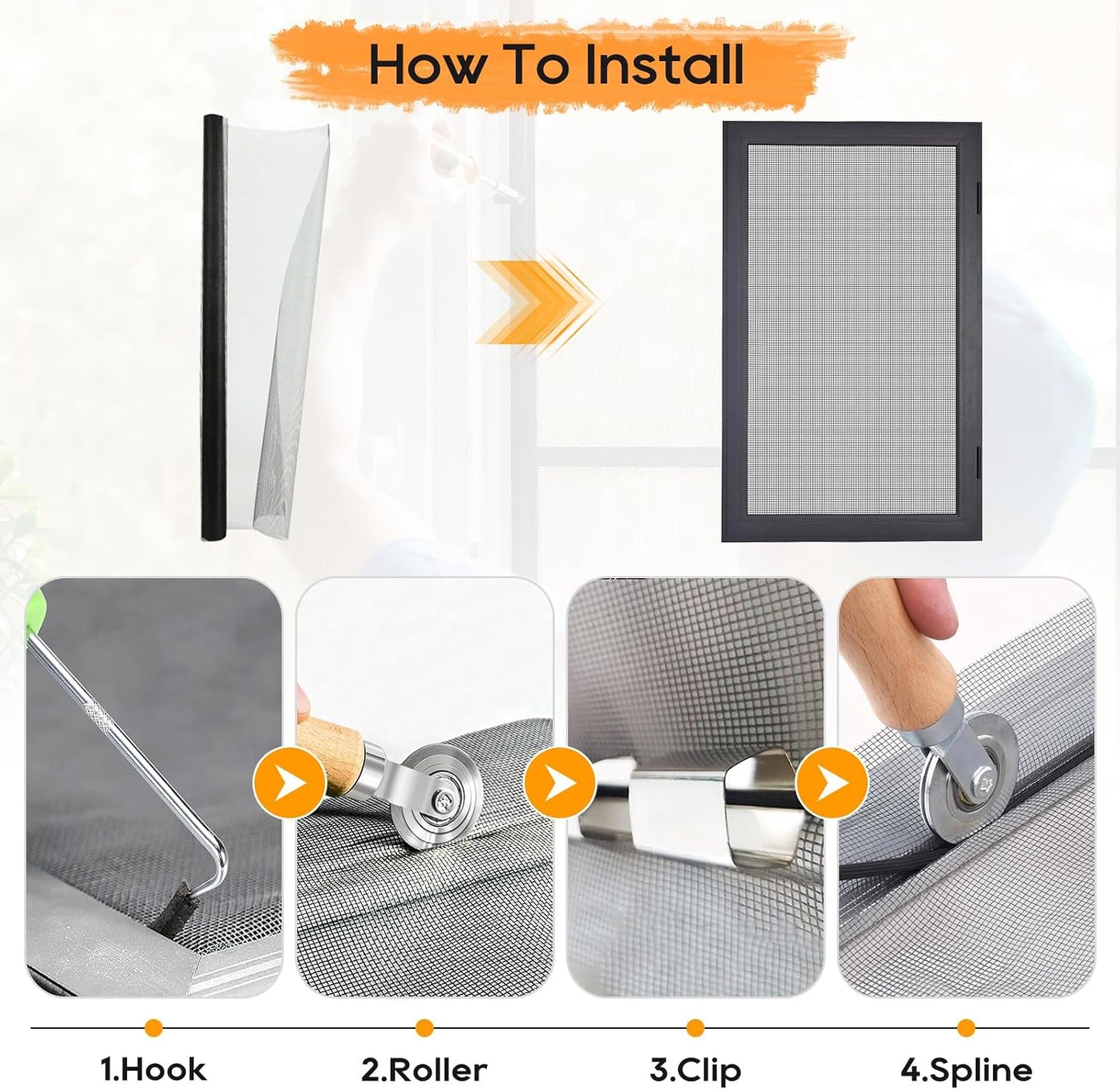 King&Charles Window Screen Door Repair/Replacement Kit, Include Black Screen Mesh 48"x118"+ 2 Roller+50Ft Spline+8Clips+Hook, 6 in 1 Window Mesh Kit, Steel/Nylon Bearing Roller