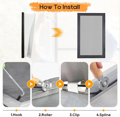 King&Charles Window Screen Door Repair/Replacement Kit, Include Black Screen Mesh 48"x118"+ 2 Roller+50Ft Spline+8Clips+Hook, 6 in 1 Window Mesh Kit, Steel/Nylon Bearing Roller