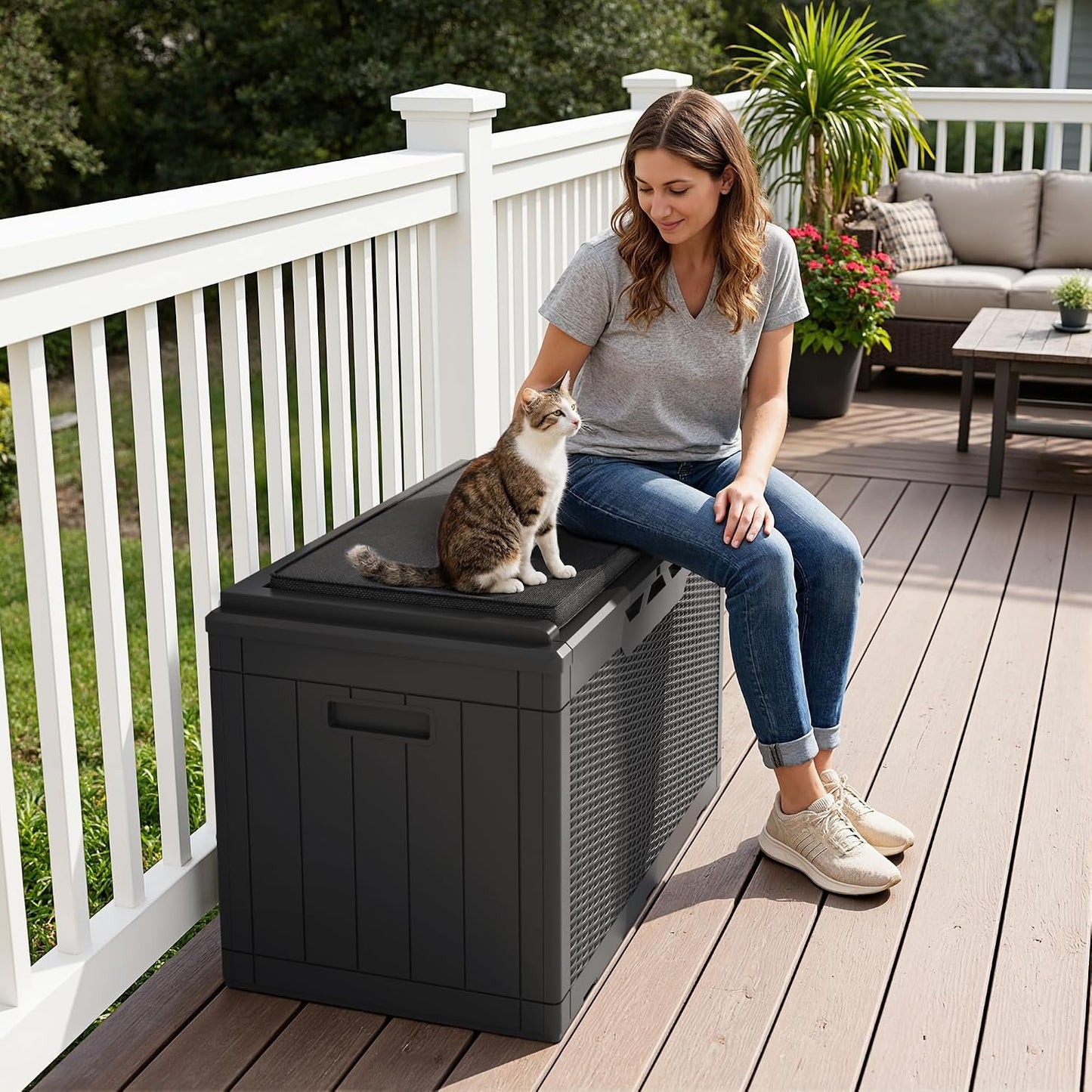 Greesum 120 Gallon Deck Box, Resin Outdoor Storage Container for Patio Furniture, Garden Tools, Pool Accessories, Weatherproof, Lockable, Black