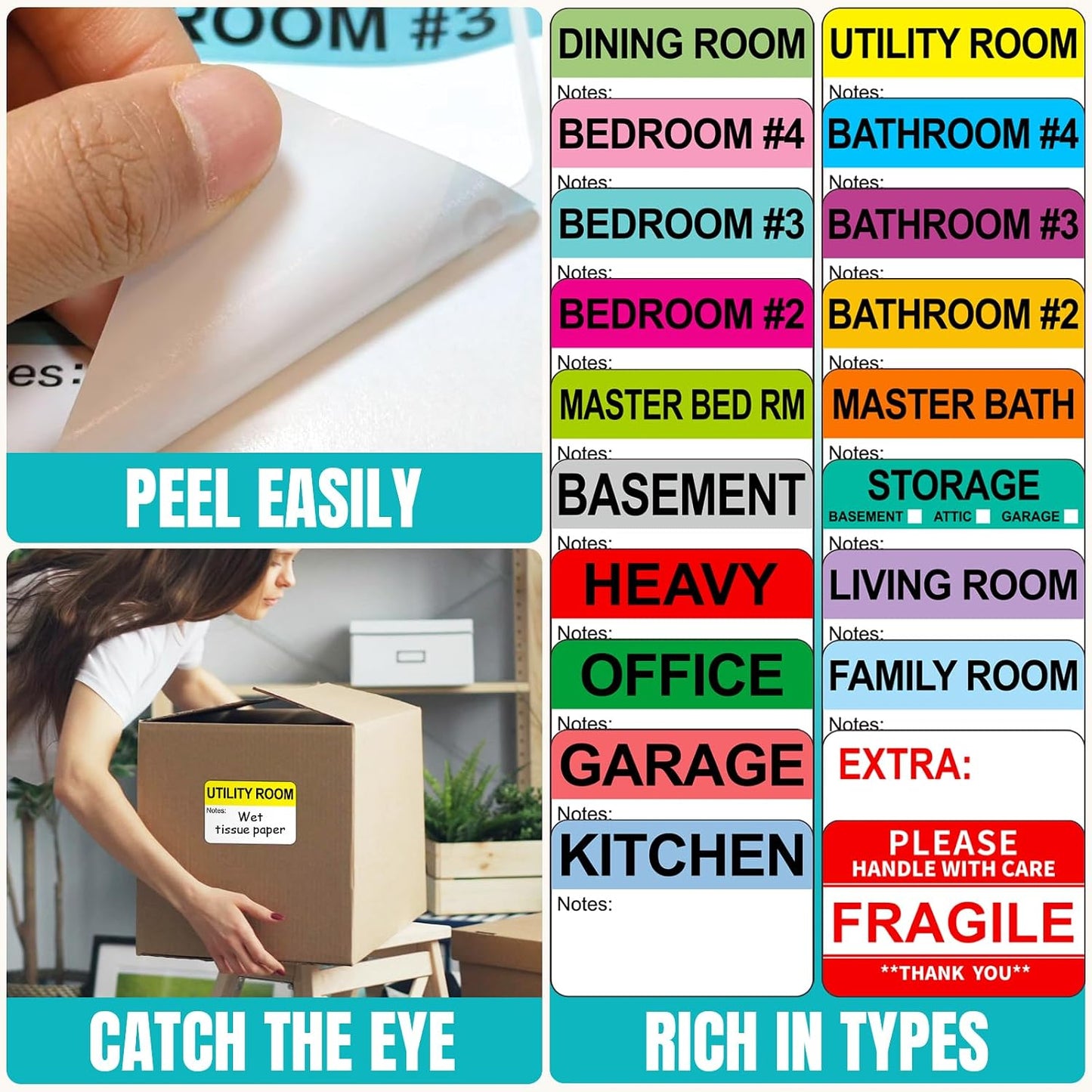 Kingtac 600 Writable Home Moving Stichers - 2' x 3', 20 Color-Coded Home Moving Packing Labels with Fragile, Extra, Heavy Options.Stick to Cardboard Boxes and Plastic Bins, No Extra Tape Needed