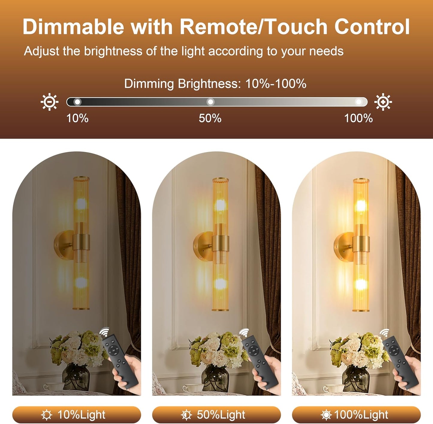 Morauroral Gold Battery Operated Wall Sconces Set of Two, Rechargeable Wall Sconce with Dimmable Remote Control, 20 Inch Wireless Sconce Wall Light for Bedroom, Living Room (Bulbs Included)