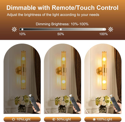 Morauroral Gold Battery Operated Wall Sconces Set of Two, Rechargeable Wall Sconce with Dimmable Remote Control, 20 Inch Wireless Sconce Wall Light for Bedroom, Living Room (Bulbs Included)