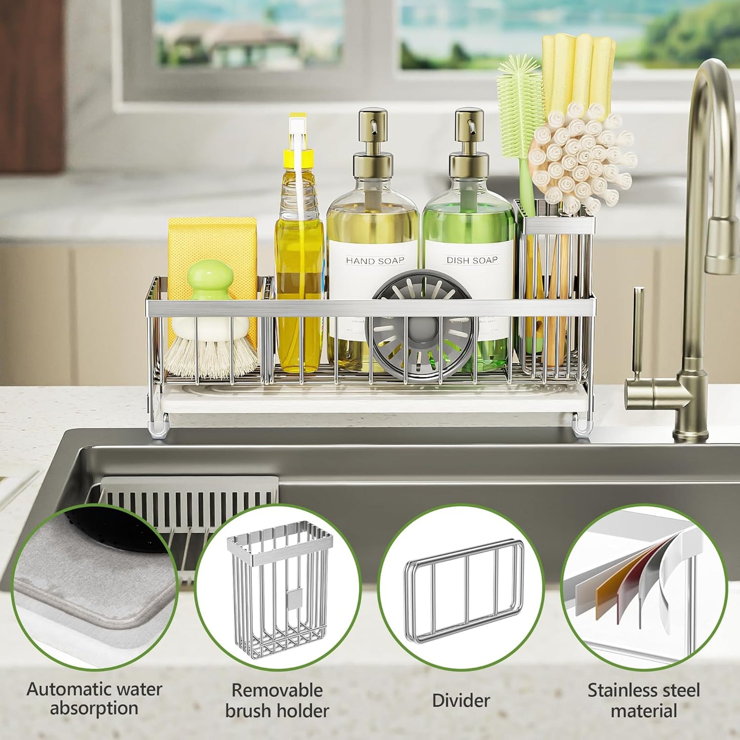 Cisily Extra Large Sink Caddy Organizer with Drying Stone, Black Sponge Holder for Kitchen, Dish Brush Holder for Countertop, Kitchen Decor Storage and Essentials