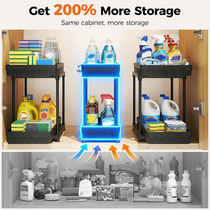 Sevenblue 3-Pack 2-Tier Under Sink Organizers with Sliding Drawers | Multi-use kitchen & bathroom storage, 12.8 inch black cabinet organizer, space-saving sliding drawer design.