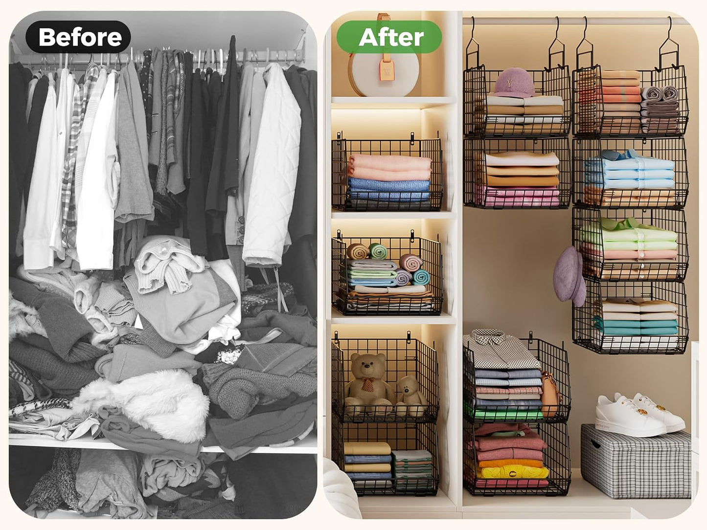 8-Tier Extended Depth Hanging Closet Organizers and Storage for Closet System, Stackable Closet Shelves with 4 Adjustable Dividers for Clothes Sweaters Purses, Wire Hanging Basket Fits Closet Laundry