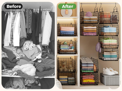 8-Tier Extended Depth Hanging Closet Organizers and Storage for Closet System, Stackable Closet Shelves with 4 Adjustable Dividers for Clothes Sweaters Purses, Wire Hanging Basket Fits Closet Laundry