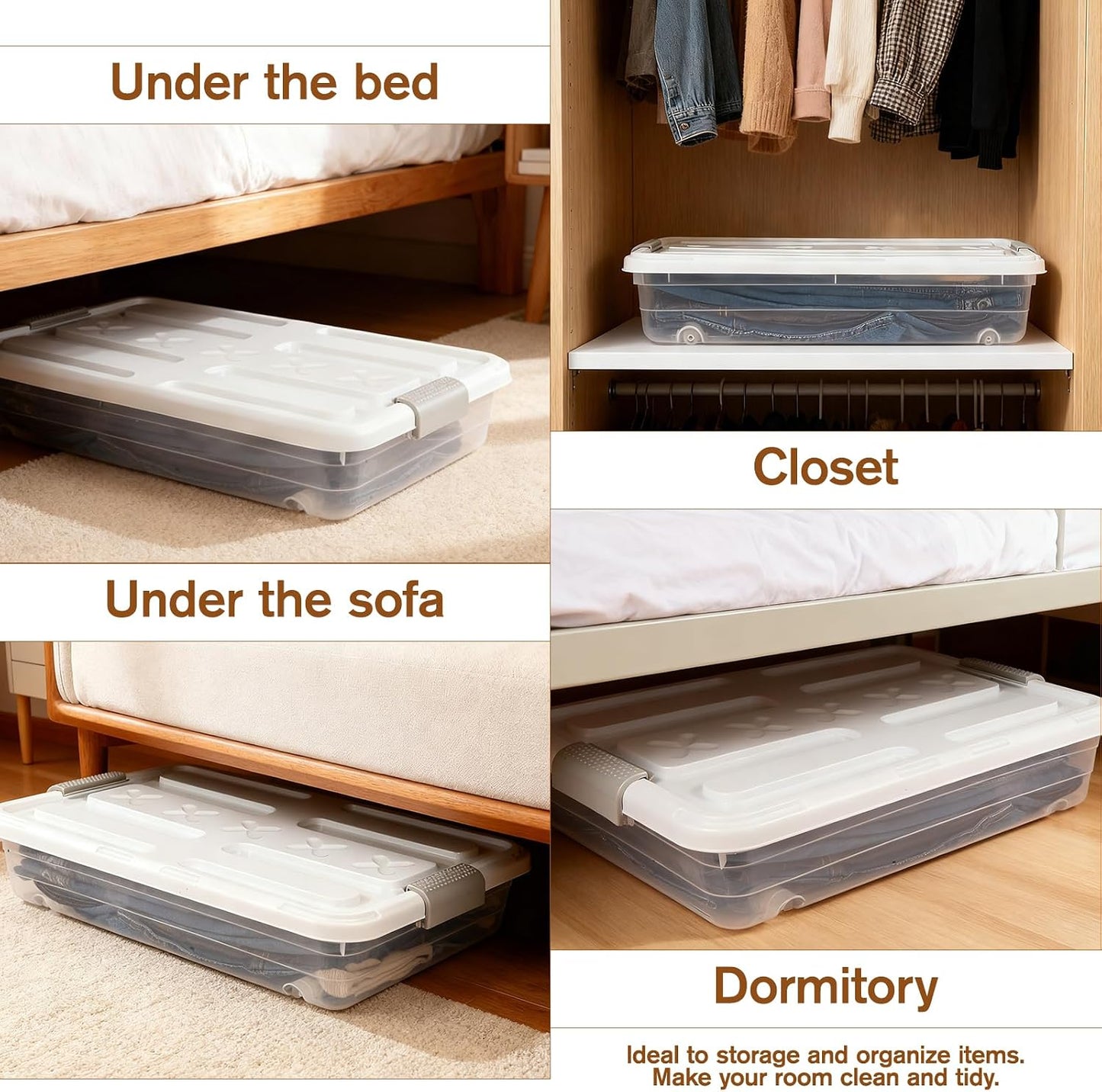 4 PCS*49 Qt Wheeled Latching Under Bed Storage, Double Opening Lids Stackable Bin with Latch Lid, Plastic Container to Organize Shoes Underbed, Clear with White Lid(White)