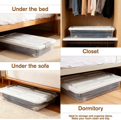 4 PCS*49 Qt Wheeled Latching Under Bed Storage, Double Opening Lids Stackable Bin with Latch Lid, Plastic Container to Organize Shoes Underbed, Clear with White Lid(White)