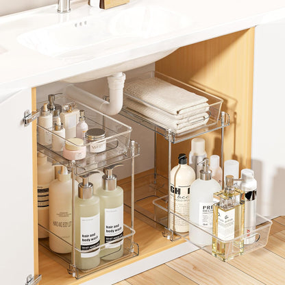 Vtopmart 2 Tier Bathroom Storage Organizer, 2 Pack Clear Under Sink Organizers Vanity Counter Container, Cabinet Drawers Bins, Pull-Out Organization with Track for Pantry, Kitchen
