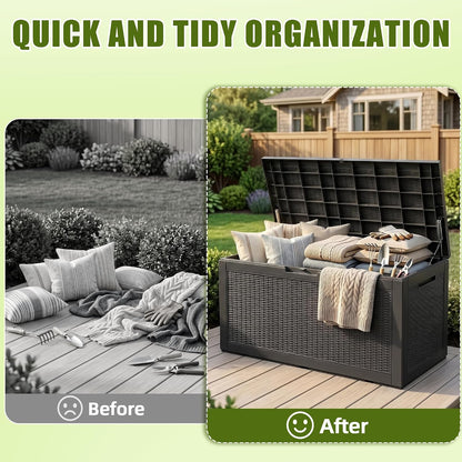 ROJIK 120 Gallon Waterproof Outdoor Deck Storage Box, Lockable Resin Patio Storage Bin with Lid for Garden Tools, Patio Cushions & Outdoor Accessories(Black)