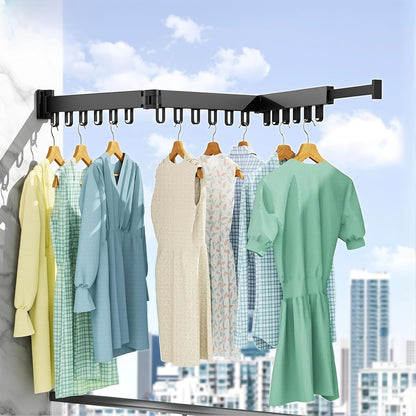 Wall Mounted Foldable Clothes Drying Rack with 18 Hooks, No-Drill, Black | Retractable with 18 Hooks, No-Drill/Drill Dual Installation, Space-Saving Aluminum, For Balcony, Bathroom, Indoor Outdoor