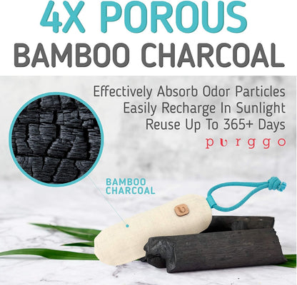 PURGGO Bamboo Charcoal Shoe Deodorizer Air Purifying Bag - Natural Odor Eliminator - Last 365+ Days - No Chemicals - Air Freshener for Shoes and Closet - Remove Odor Naturally - [2 Pack] [Gray]