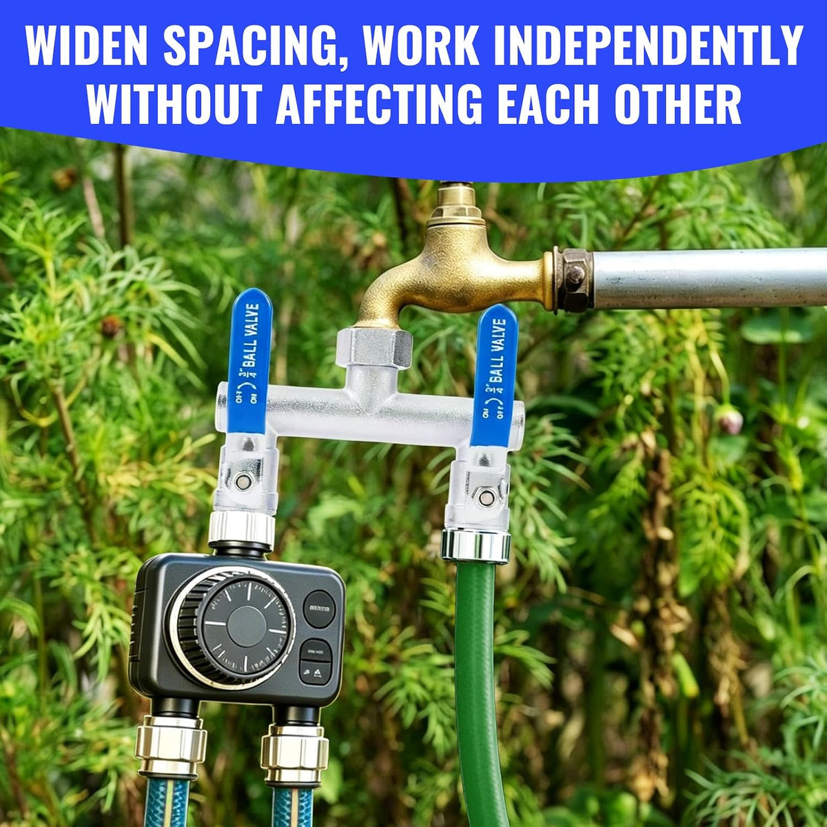 2 Way Garden Hose Splitter, Stainless Steel, Heavy Duty 304 Stainless Steel Full Flow T Valve with Long Handle, Lead-Free Rust & Freeze Resistant, 3/4" GHT Thread Outdoor Water Hose Adapter