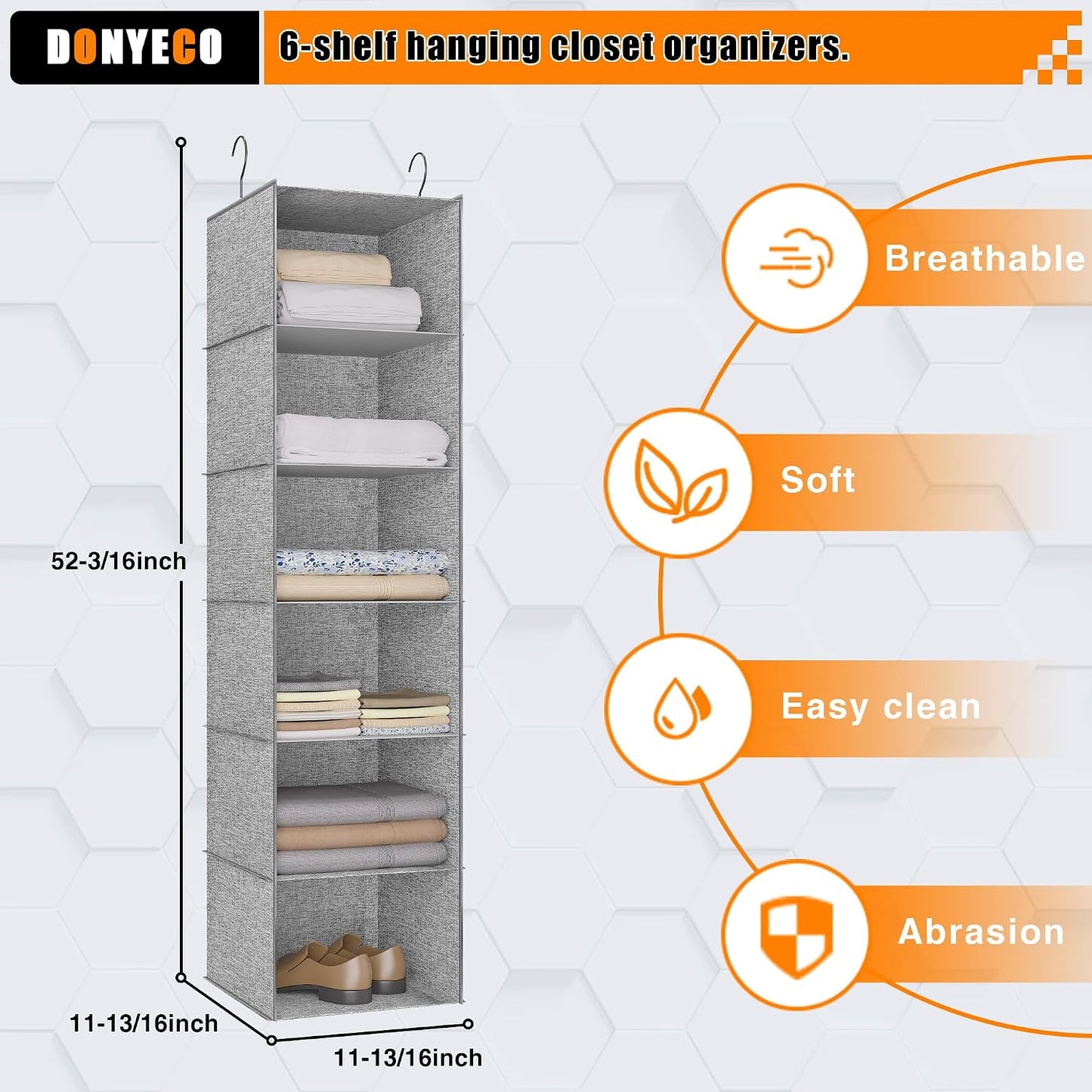 Hanging Closet Organizer 3-Shelf, Oxford Fabric Wardrobe Storage, Gray | Easy-mount foldable design holds clothes, handbags, shoes & accessories; washable Oxford fabric, sturdy and space-saving.