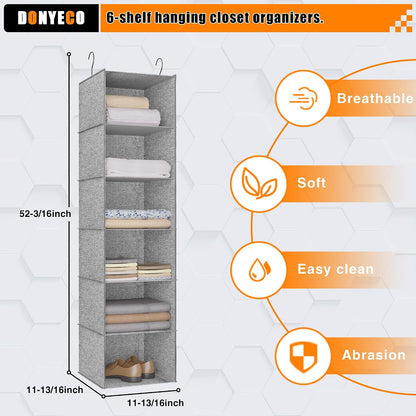 Hanging Closet Organizer 3-Shelf, Oxford Fabric Wardrobe Storage, Gray | Easy-mount foldable design holds clothes, handbags, shoes & accessories; washable Oxford fabric, sturdy and space-saving.