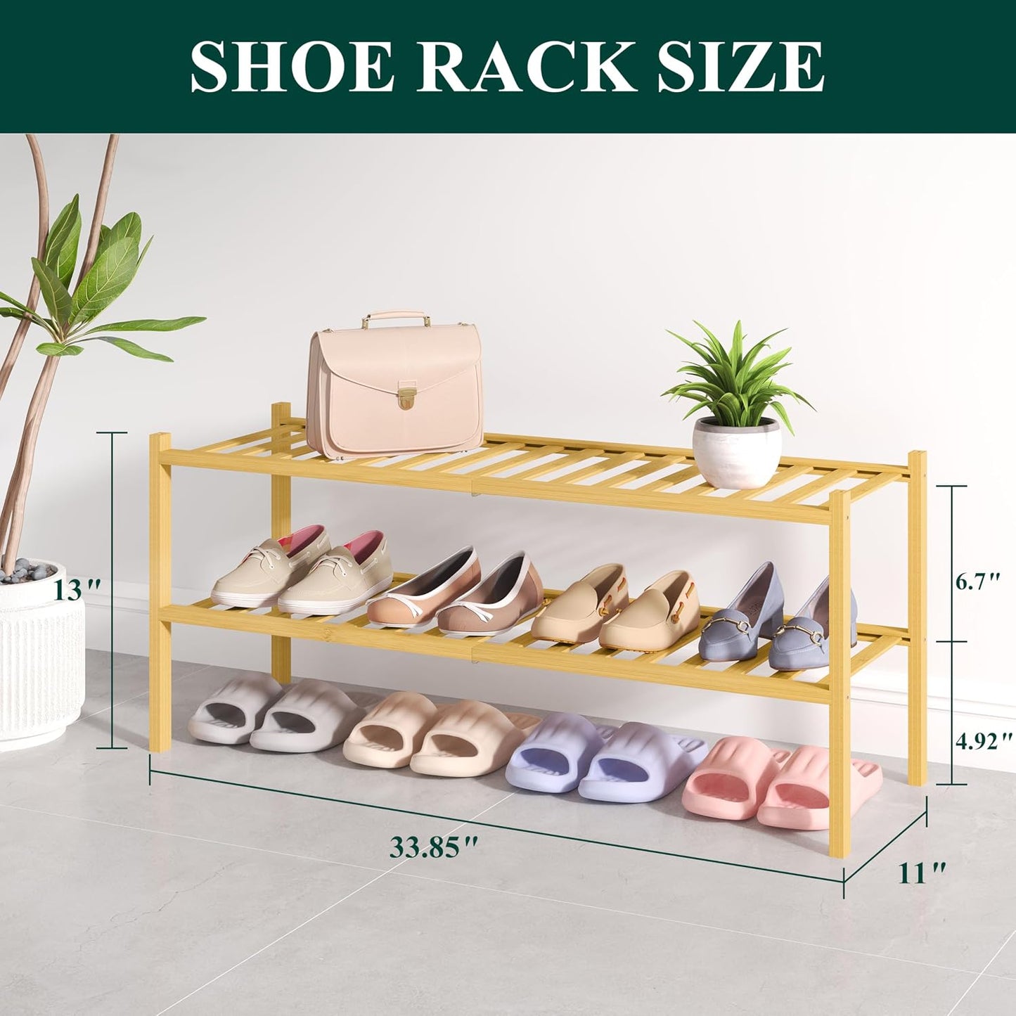 Smiry Bamboo Shoe Rack for Closet, 3 Tier Wooden Shoe Organizer, Stackable Wood Shoe Storage Shelf for Entryway, 14 Vertical Slats, One-piece Heavy-Duty Legs, 26.77"x11.02"x18.31", Natural