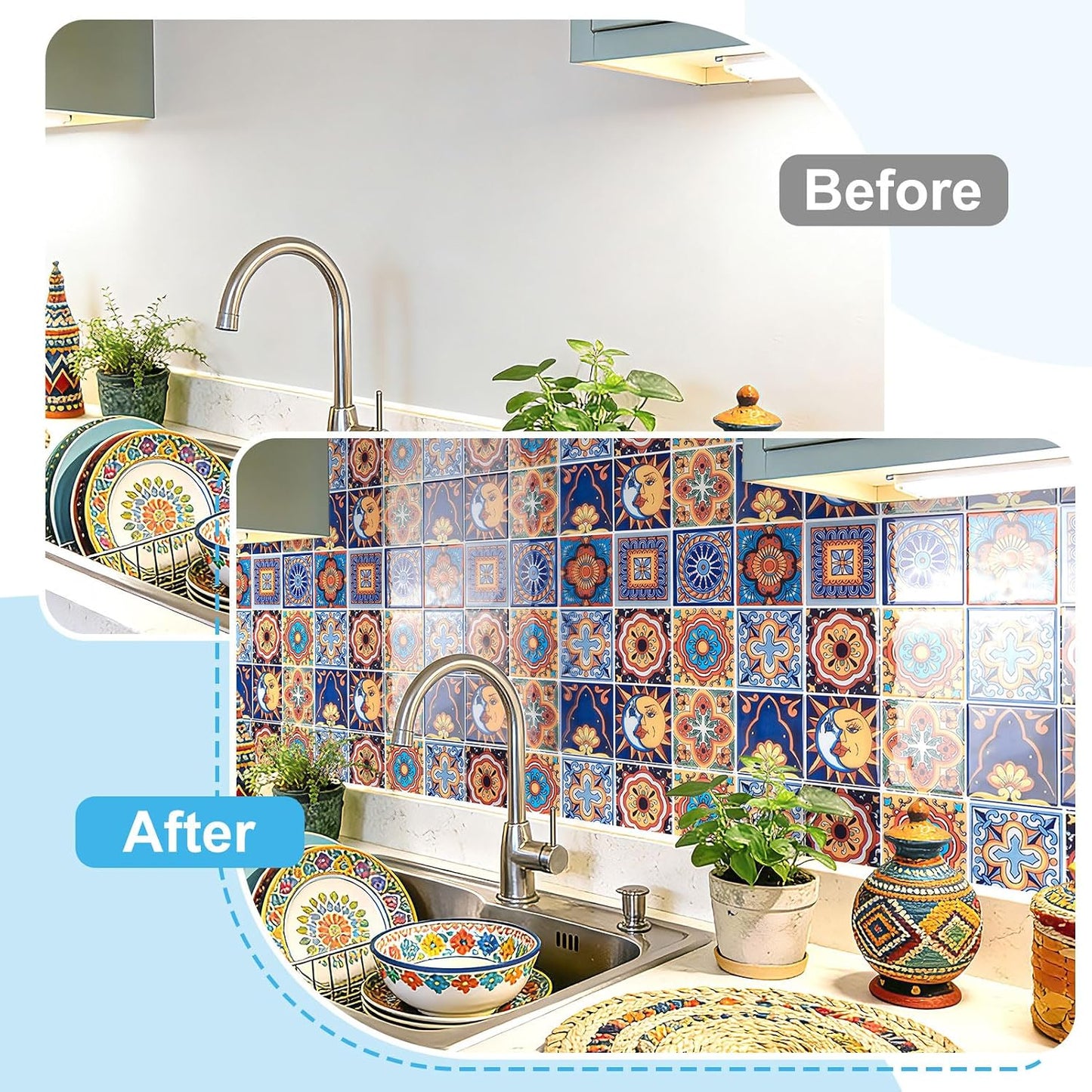 Art3d Talavera Hand-painted Waterproof Peel and Stick Backsplash Tile for Kitchen & Living Room, Sun & Moon Floral Design - 10-Pack of 12 x 12 Inch