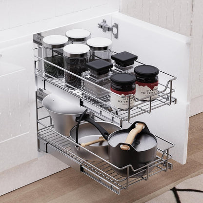 2 Tier Pull Out Cabinet Organizer 11" W X 22" D, Slide Out Drawers For Kitchen Cabinets, Pull Out Drawers For Cabinets Capacity Heavy Duty Caddy, Cabinet Pullout Shelves Chrome-Plated, Bathroom Pantry