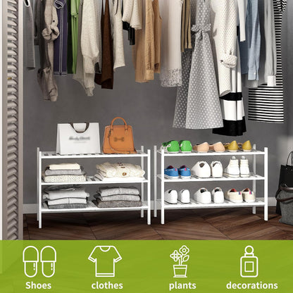BMOSU 2-Tier Bamboo Small Shoe Rack Premium Stackable Shoe Shelf Storage Organizer for Hallway Closet Living Room Entryway Organizer (Black Bamboo)