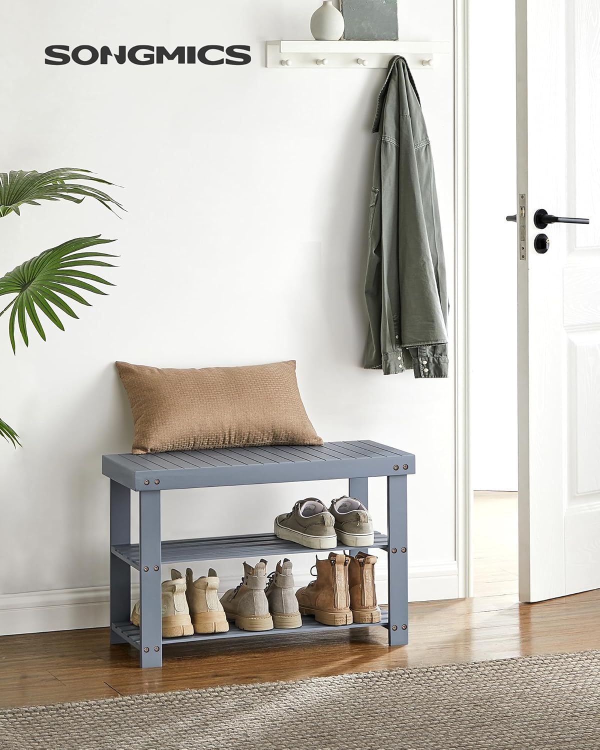 SONGMICS Shoe Rack Bench, 3-Tier Bamboo Shoe Storage Organizer, Entryway Bench, Holds Up to 286 lb, 11.3 x 27.6 x 17.8 Inches, for Entryway Bathroom Bedroom, Ink Black ULBS04H
