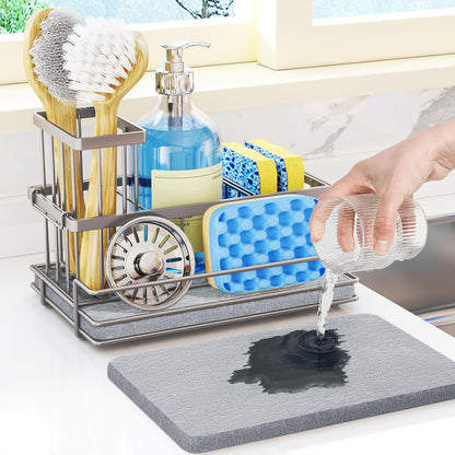 HapiRm Sink Caddy Sponge Holder - Kitchen Sink Organizer with Instant Drying Stone and Brush Holder, Stainless Steel Sponge Caddy for Kitchen Countertop - Black