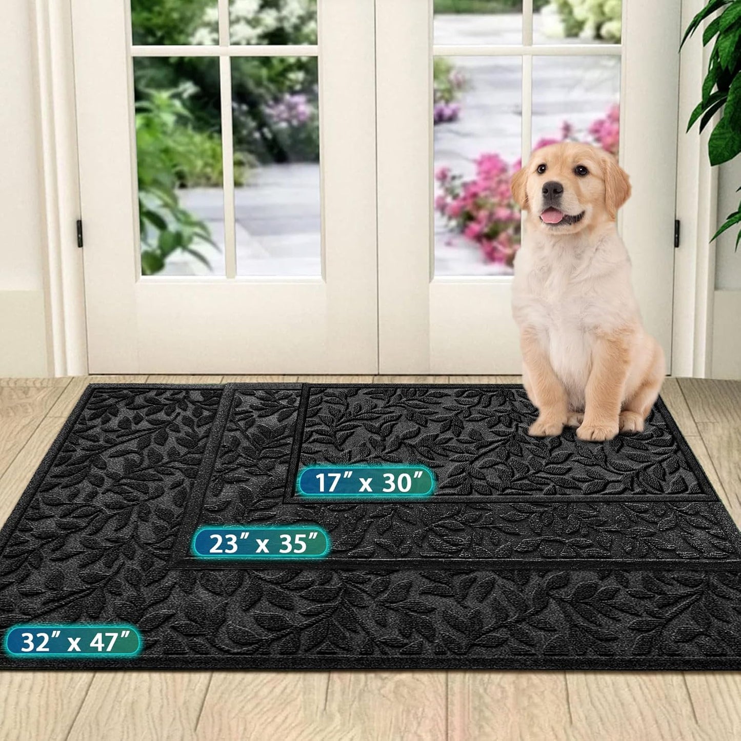 Bulijojo Sturdy Front Entrance Doormats,Durable Heavy Duty Welcome Mat,Thick Absorbent Natural Rubber Non Slip Mat,Easy Clean Entryway Mat 17x30 Inch Leaves Green