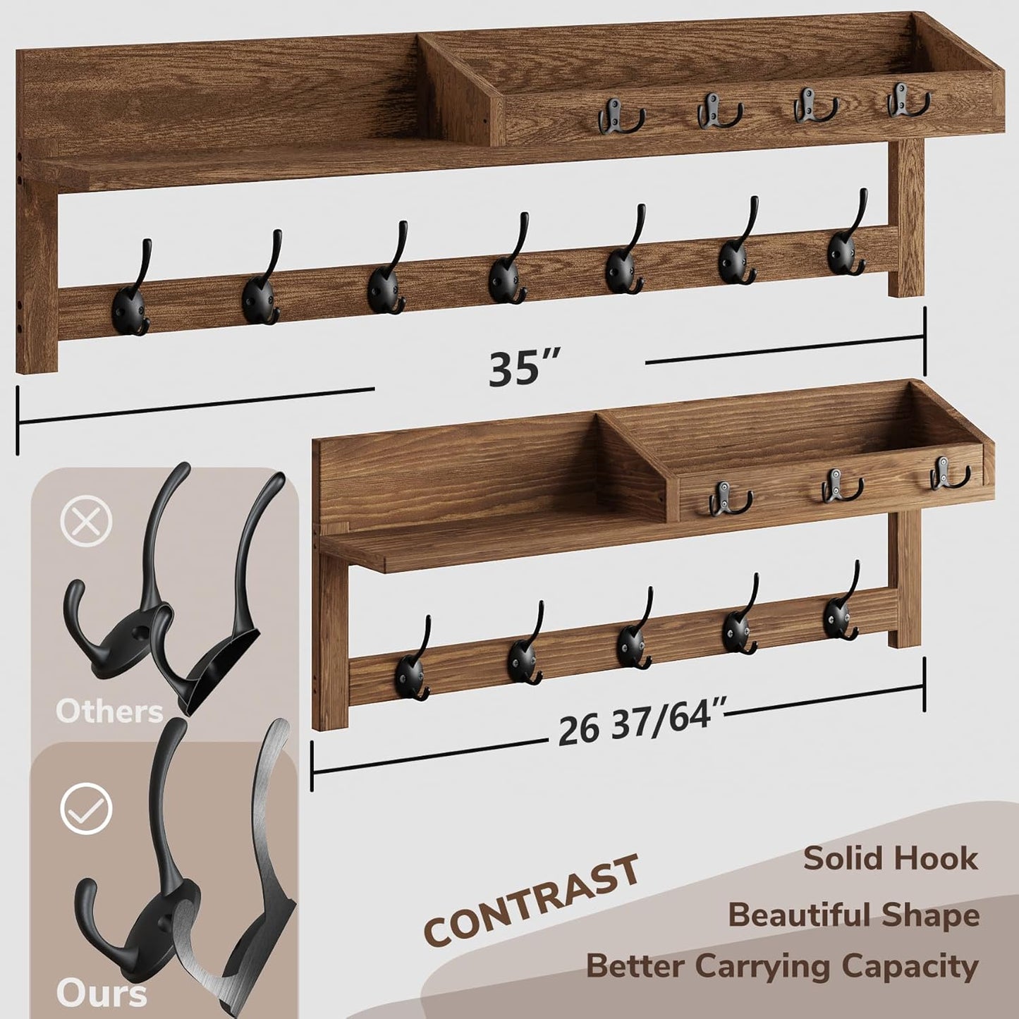 AMBIRD Wall Hooks with Shelf, 26.57 Inch Entryway Wood Coat Hooks for Wall with Shelf, Coat Rack Wall Mount with 5 Dual Hooks 3 Key Hooks Mail Organizer and Key Rack Holder (Brown)