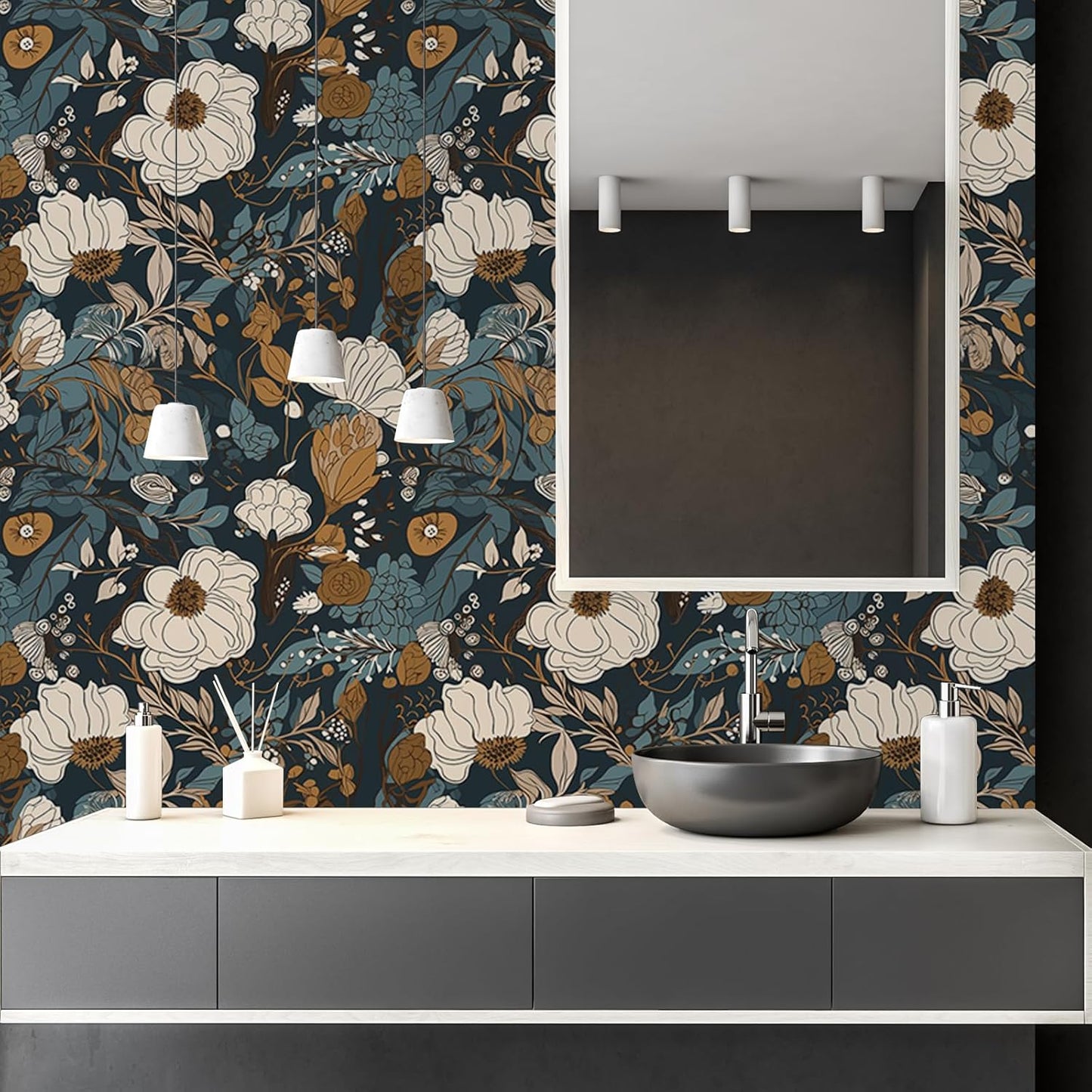 Floral Peel & Stick Wallpaper - Boho Removable Wallpaper for Bedroom & Bathroom - Black/Sand/Oliva - Easy Peel Off - Vintage - Renter Friendly - 118.1" X 17.7"