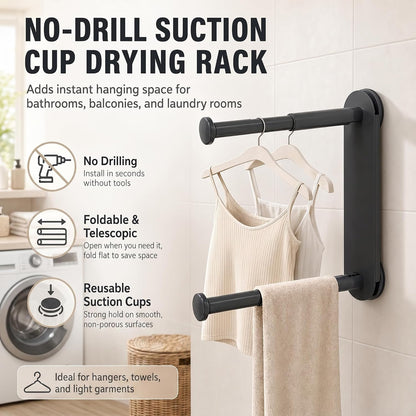 Foldable Clothes Rack No Drill - Heavy Duty Suction Cup Wall Mounted Drying Rack for Laundry, Space Saving Adhesive Hanger for Apartment, Bathroom (Holds 5.5lbs) (Milky White)