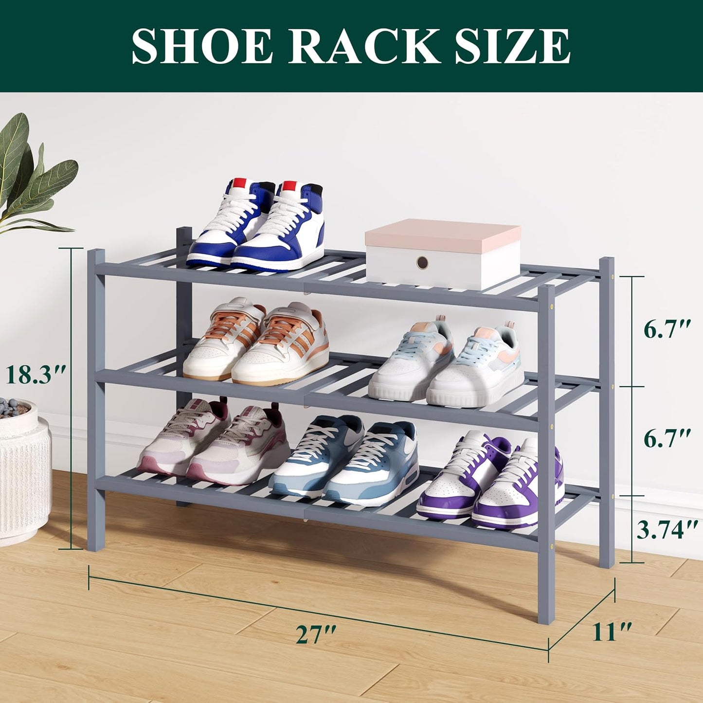 Smiry Bamboo Shoe Rack for Closet, 3 Tier Wooden Shoe Organizer, Stackable Wood Shoe Storage Shelf for Entryway, 14 Vertical Slats, One-piece Heavy-Duty Legs, 26.77"x11.02"x18.31", Natural
