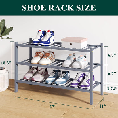 Smiry Bamboo Shoe Rack for Closet, 3 Tier Wooden Shoe Organizer, Stackable Wood Shoe Storage Shelf for Entryway, 14 Vertical Slats, One-piece Heavy-Duty Legs, 26.77"x11.02"x18.31", Natural